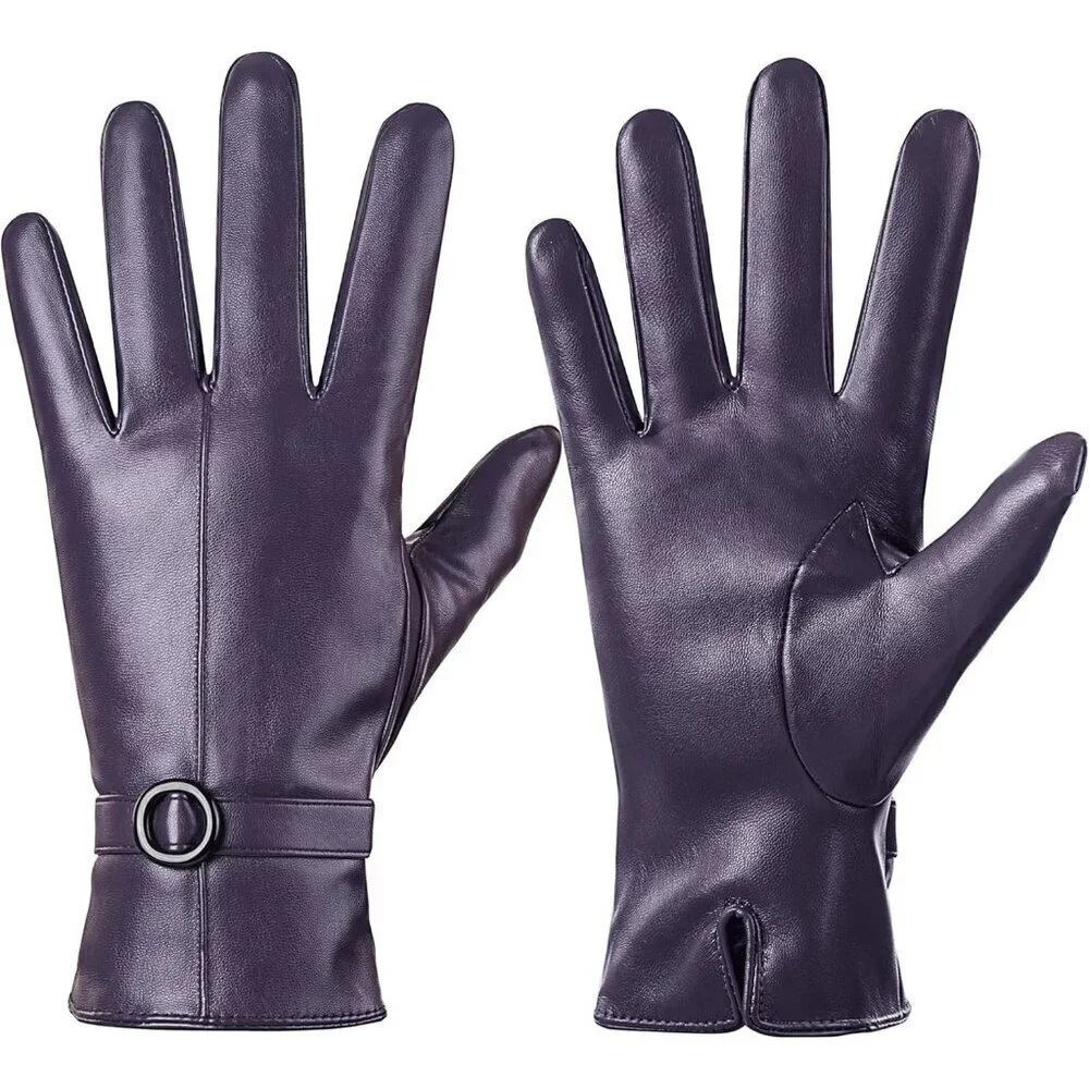 Women's Winter Leather Gloves Texting Warm Driving Lambskin Gloves Purple